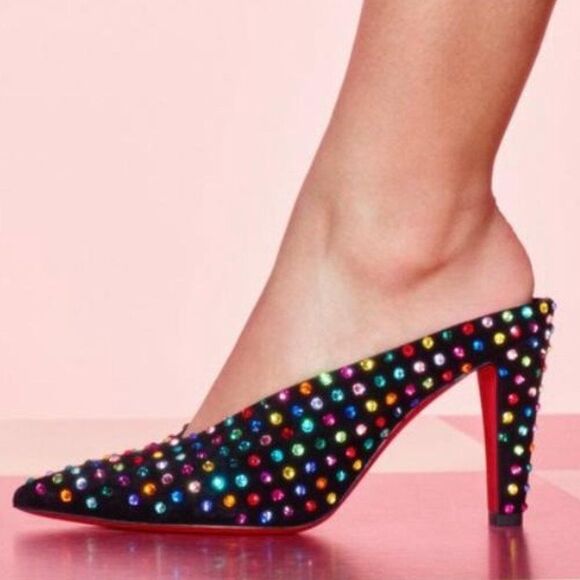 Christian Louboutin Shoes - Rare CHRISTIAN LOUBOUTIN Veryvee Black Bedazzled Red Sole Mules Size 37